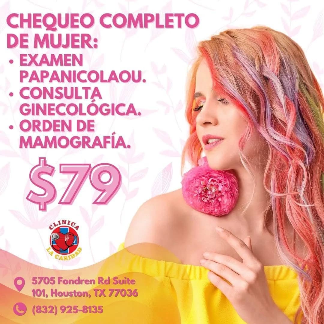 Complete Women's Check-Up promotion flyer for $79 at Clínica Hispana La Caridad, Houston