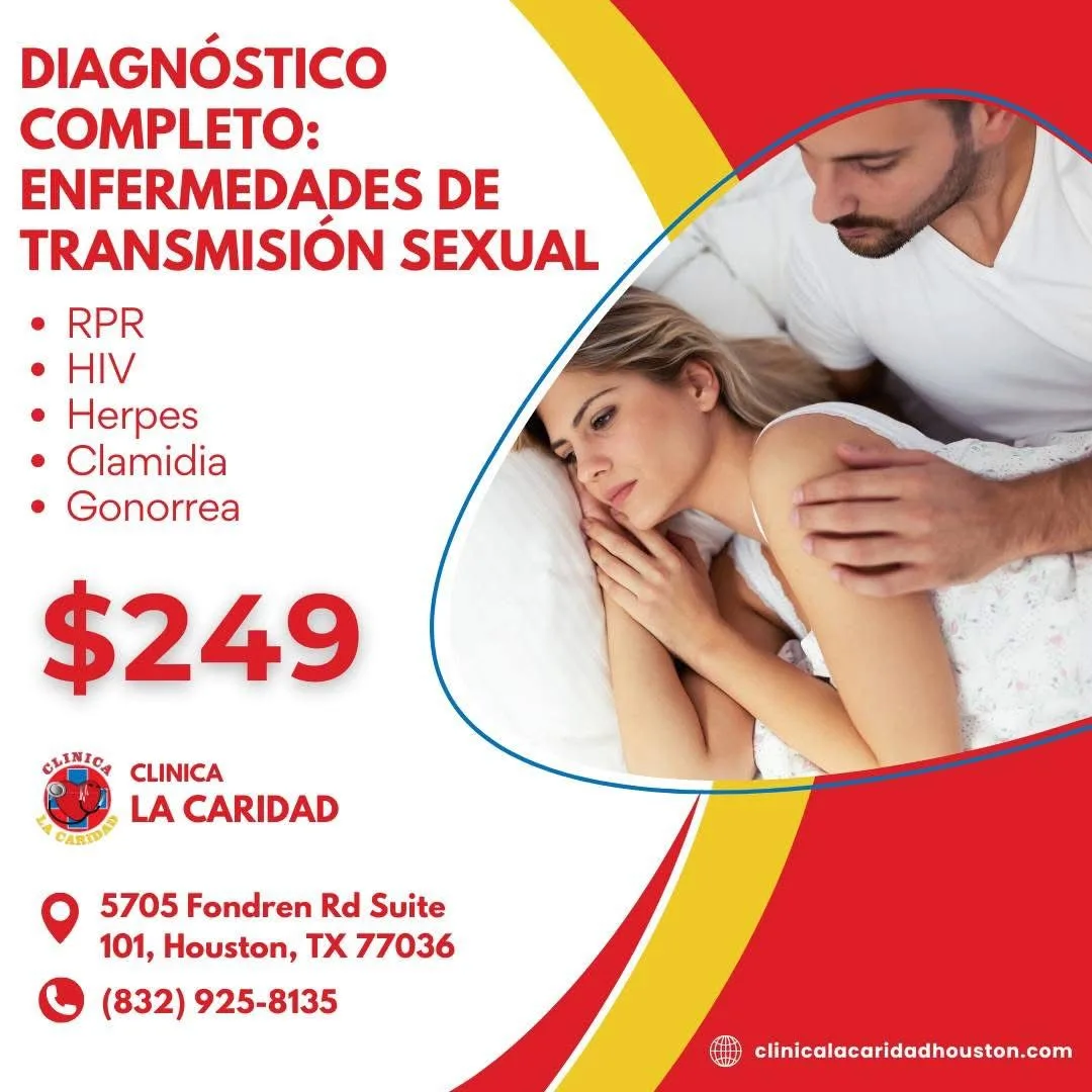 Complete STD Testing promotion flyer for $249 at Clínica Hispana La Caridad, Houston