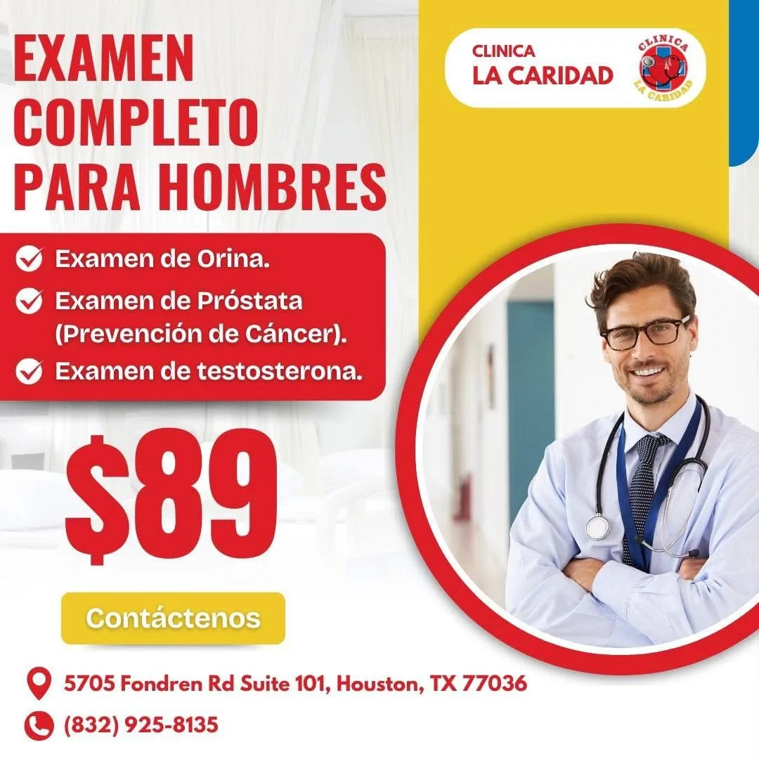 Complete Men's Exam promotion flyer for $89 at Clínica Hispana La Caridad, Houston