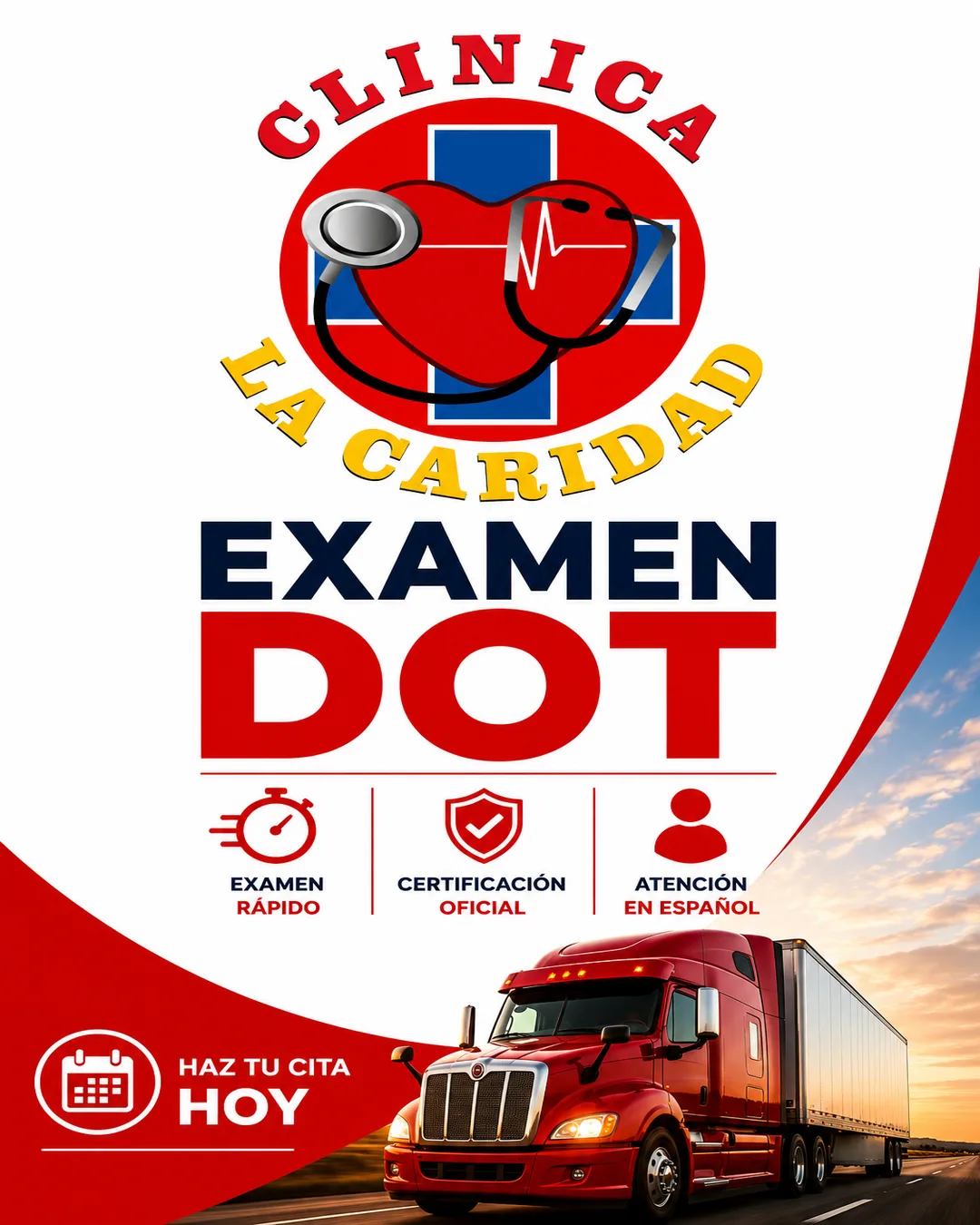 DOT Physical Exam promotion flyer for drivers at Clínica Hispana La Caridad, Houston