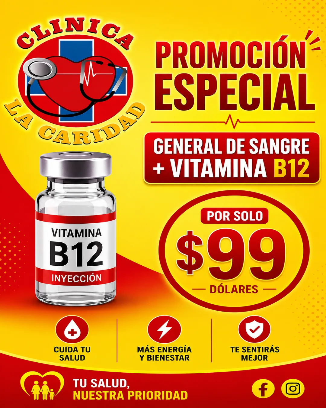 Blood Panel plus Vitamin B12 promotion flyer for $99 at Clínica Hispana La Caridad, Houston