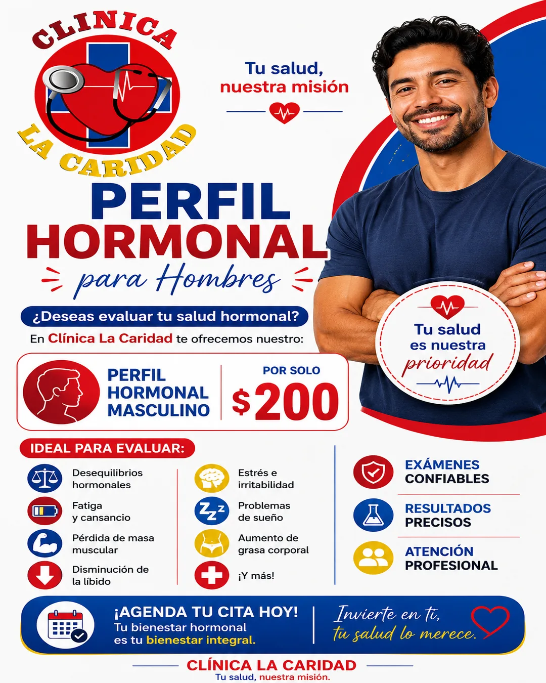 Men's Hormone Panel promotion flyer for $200 at Clínica Hispana La Caridad, Houston
