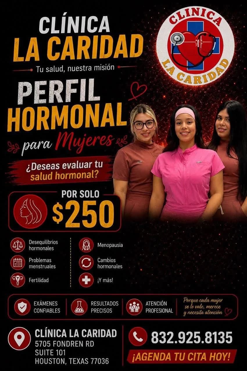 Women's Hormone Panel promotion flyer for $250 at Clínica Hispana La Caridad, Houston