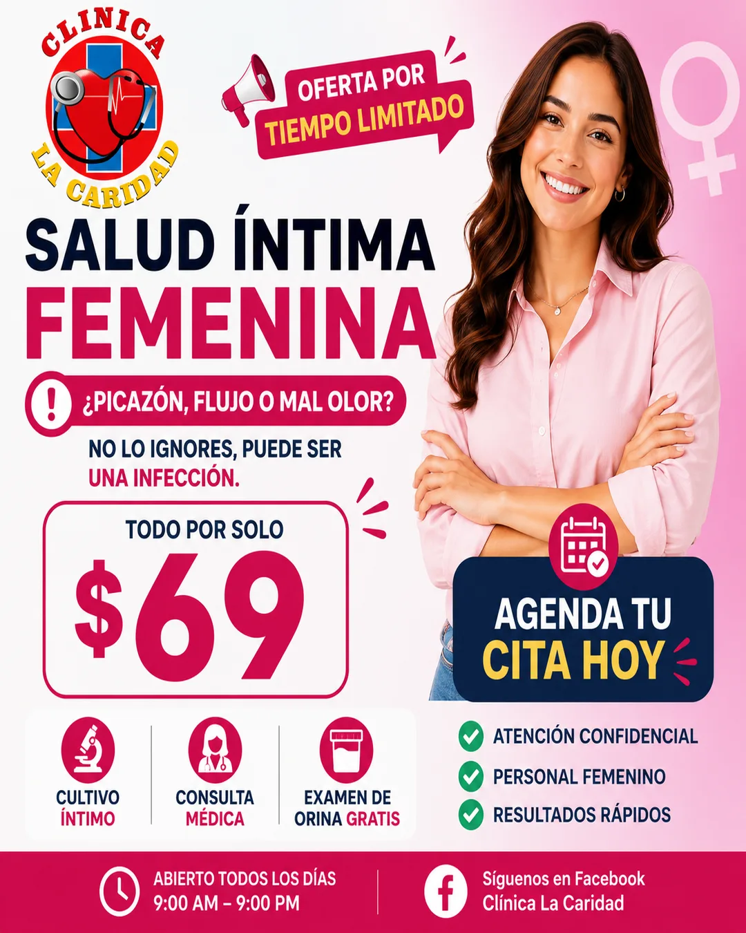 Women's Intimate Health promotion flyer for $69 at Clínica Hispana La Caridad, Houston